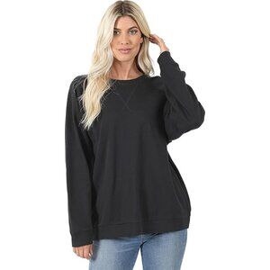 Zenana Raglan Sleeve Round Neck Cotton Sweatshirt - Black